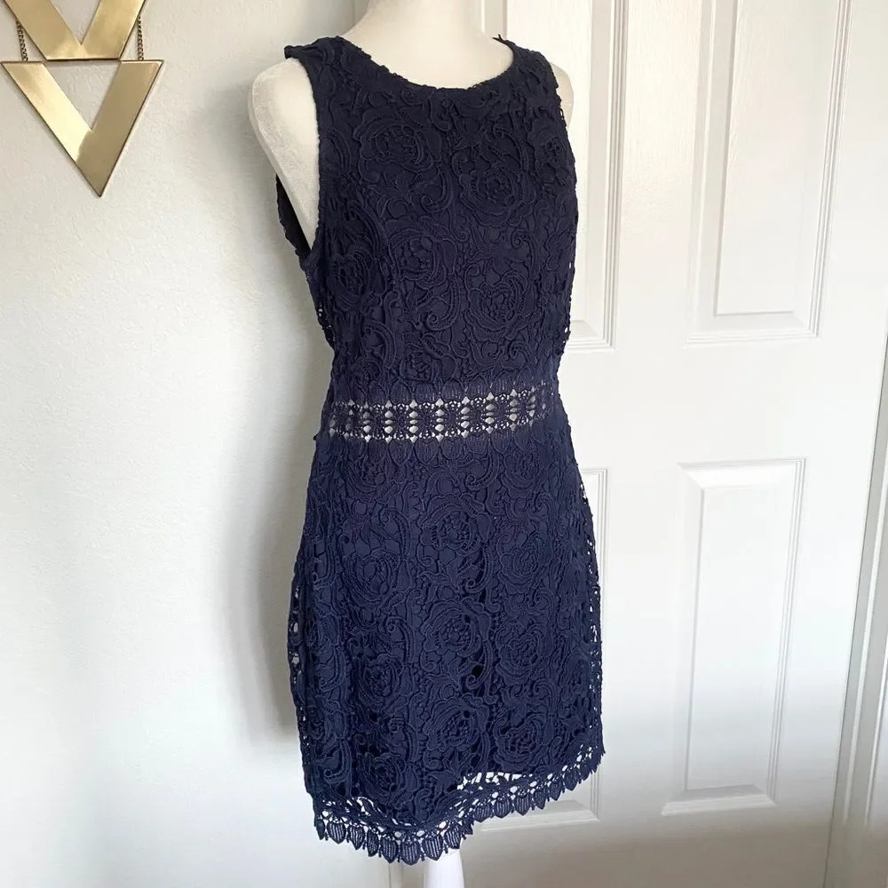 Mademoiselle Philip Marc Navy Blue Floral Lace Sleeveless Midriff Mini Dress - Picture 5 of 13